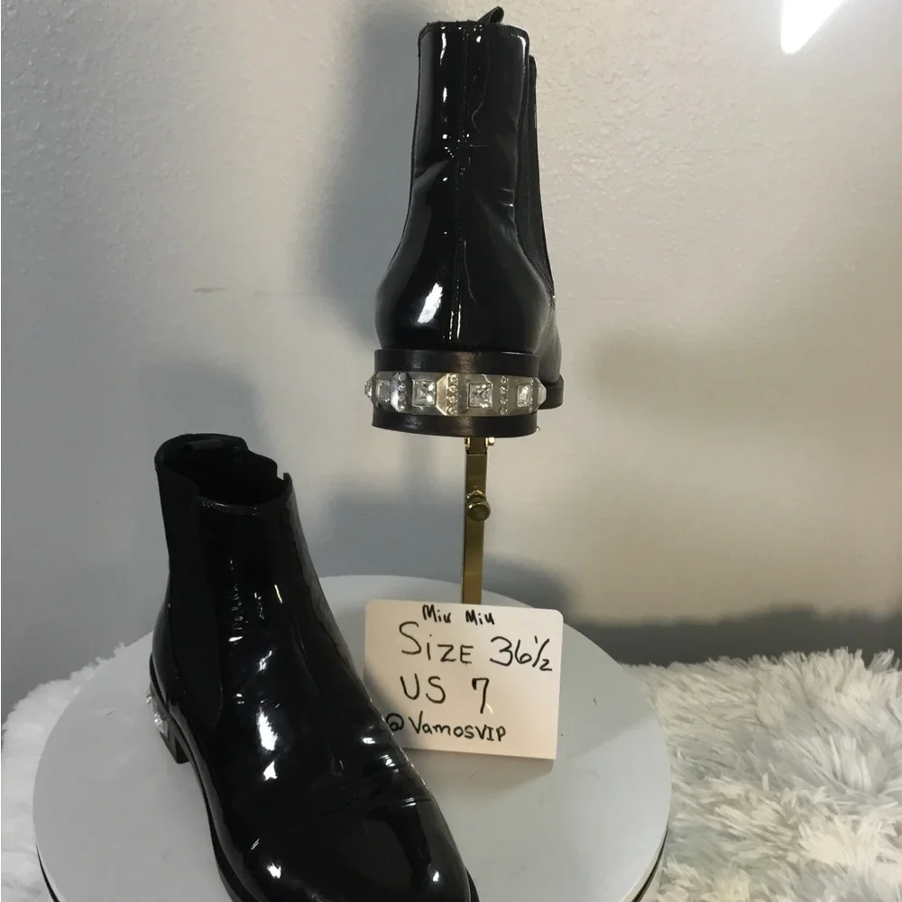 Miu Miu Patent Leather Black Ankle Boots with Crystal Heel Accent